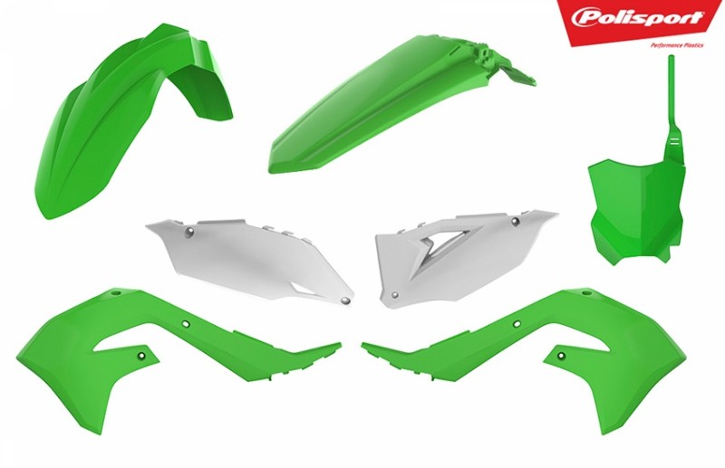 POLISPORT WYPRZEDAŻ KOMPLET PLASTIKÓW KAWASAKI KXF 250 '21-'24; KXF 450 '19-'23 W ZESTAWIE TABLICA PRZEDNIA (8665900002) KOLOR ZIELONO BIAŁY OEM