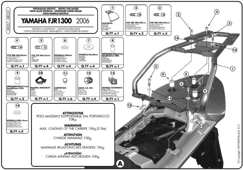 KAPPA STELAŻ KUFRA CENTRALNEGO YAMAHA FJR 1300 (06-12) ( Z PŁYTĄ MONOKEY )