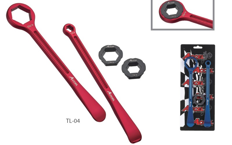 ACCEL KOMPLET ŁYŻEK DO OPON (23+24CM) ALU7075 KUTE Z KLUCZAMI 10,12,22,27,32 MM KOLOR CZERWONY (ŁYŻKA DO OPON)