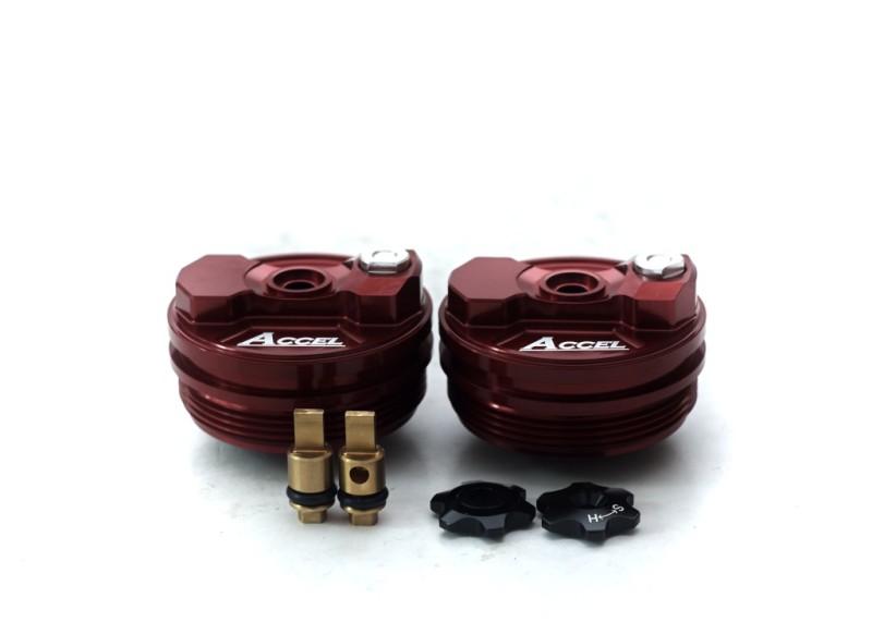 ACCEL KOREK GÓRNY (NAKRĘTKA) AMORTYZATORA PRZEDNIEGO Z REGULACJĄ HONDA CRF 250R '18-20, CRF 450R/RX '17-20, CRF 250RX '19-20, CRF 450X/L 19, KAWASAKI KXF 450 '19-20, SUZUKI RMZ 450 '18-19 KOLOR CZERWONY (KPL.-2SZT.) - PROMOCJA