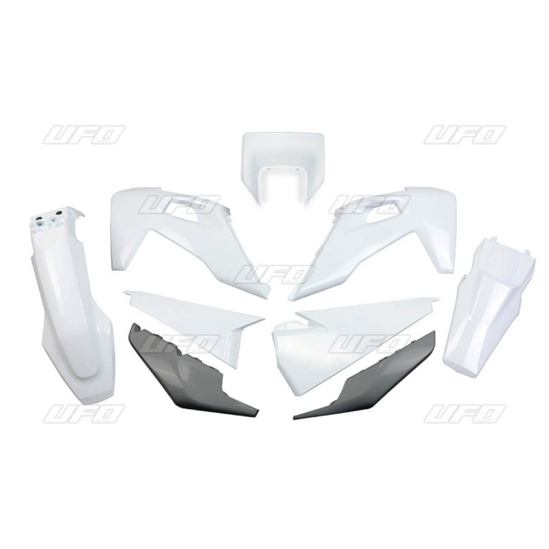 UFO KOMPLET PLASTIKÓW HUSQVARNA TE 150 / 250 / 300 '20-'23, FE 250 / 350 / 450 / 501 '20-'23 Z OSŁONĄ LAMPY KOLOR OEM (BIAŁY/GRAFITOWY) (HU623E999)