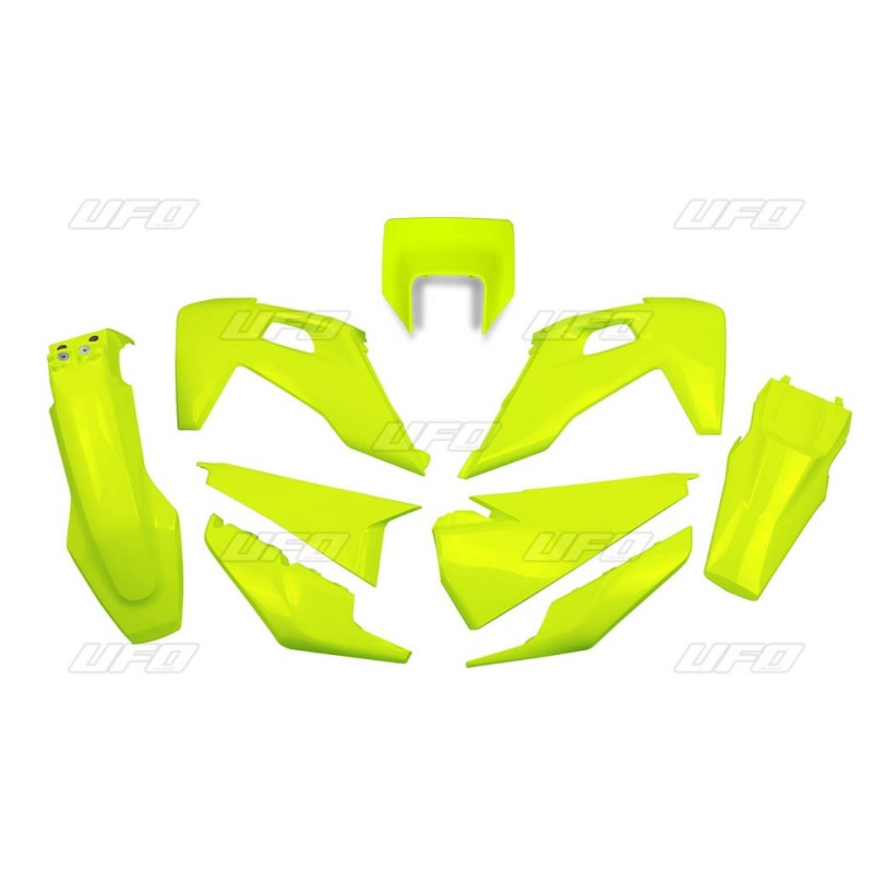UFO KOMPLET PLASTIKÓW HUSQVARNA TE 150 / 250 / 300 '20-'23, FE 250 / 350 / 450 / 501 '20-'23 Z OSŁONĄ LAMPY KOLOR ŻÓŁTY FLUO (HU623DFLU)