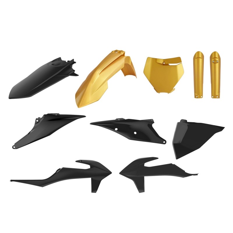 POLISPORT KOMPLET PLASTIKÓW (FULL KIT) KTM SX/SX-F '19-'22 W ZESTAWIE TABLICA PRZEDNIA (8666400009) I OSŁONY AMORTYZATORÓW (8398600015) KOLOR ZŁOTY CZARNY (GOLD METAL FLOW COMPLETE KIT)