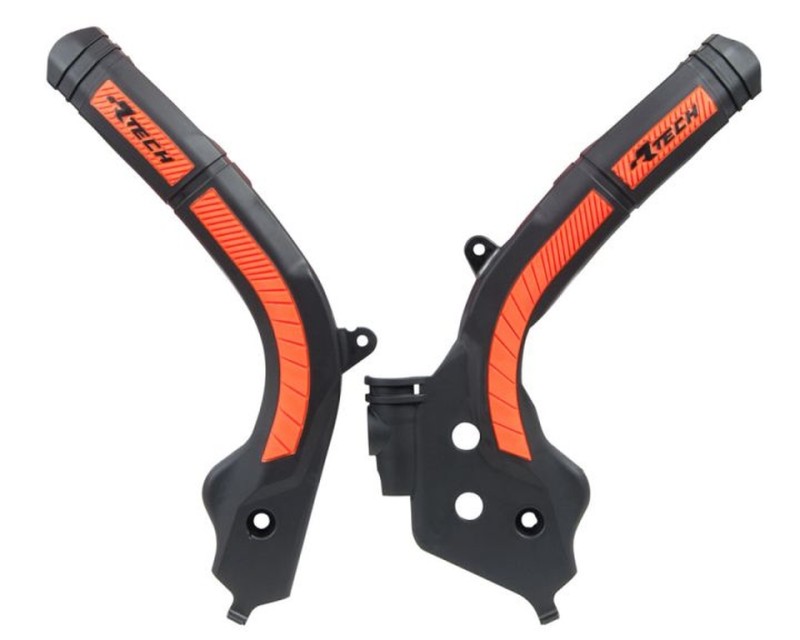 RACETECH (RTECH) OSŁONY RAMY (KOMPLET) BI-MATERIAL SUPER GRIP KTM SX 125/150 '16-18, SX 250 '17-18, EXC/EXCF 250/350/450 '17-19, SXF 250/350/450 '16-18 KOLOR CZARNY POMARAŃCZOWY