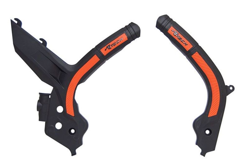 RACETECH (RTECH) OSŁONY RAMY (KOMPLET) BI-MATERIAL SUPER GRIP KTM SX 125/150/250 '19-21, SXF 250/350/450 '19-21, SXF 450 '18-21, EXC/EXCF 150/250/350/450 '20-21 KOLOR CZARNY POMARAŃCZOWY