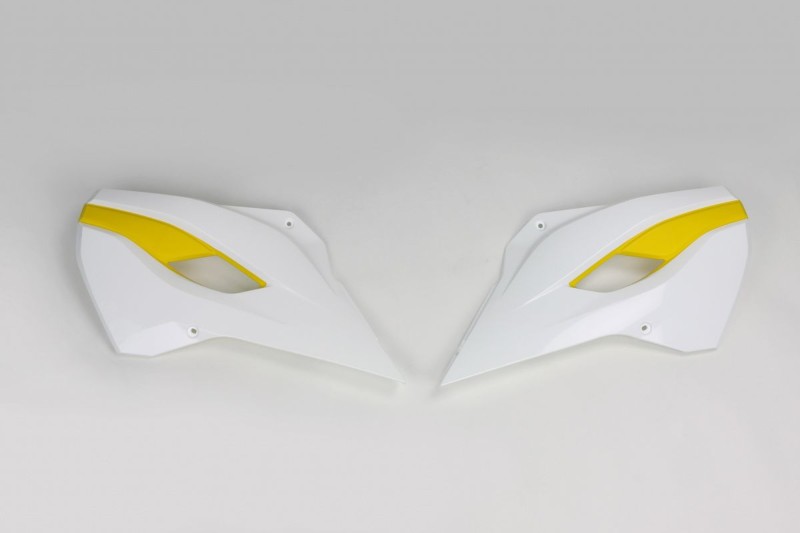 UFO OSŁONY CHŁODNICY HUSQVARNA TC/TE 125, FC/TX/TE/FE 250, TC/TE/TX 300, FC/FE 350, FC/FE 450, FE 501 '14-16, TC 250 '16, KOLOR OEM '15 (BIAŁY/ŻÓŁTY)