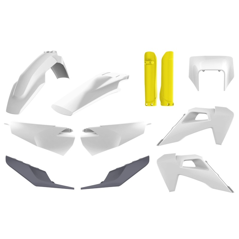 POLISPORT KOMPLET PLASTIKÓW (FULL KIT) HUSQVARNA TE/FE TPI '20-'23 W ZESTAWIE OSŁONA LAMPY PRZEDNIEJ (8668700001) I OSŁONY AMORTYZATORÓW (8398900004) KOLOR OEM BIAŁO ŻÓŁTO SZARY