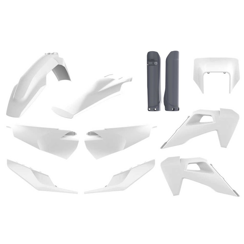 POLISPORT KOMPLET PLASTIKÓW (FULL KIT) HUSQVARNA TE/FE TPI '20-'23 W ZESTAWIE OSŁONA LAMPY PRZEDNIEJ (8668700001) I OSŁONY AMORTYZATORÓW (8398900006) KOLOR BIAŁO SZARY OEM
