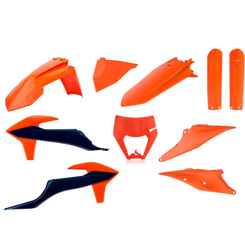 POLISPORT KOMPLET PLASTIKÓW (FULL KIT) KTM EXC/EXC-F TPI '20-'23 W ZESTAWIE OSŁONA LAMPY (8668600002) I OSŁONY AMORTYZATORÓW (8398600003) KOLOR POMARAŃCZOWY NIEBIESKI OEM