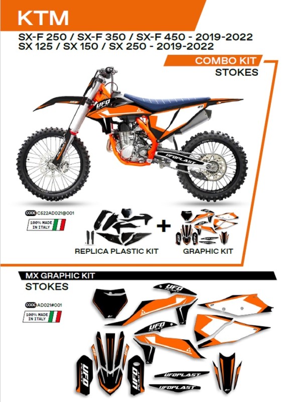 UFO KOMPLET PLASTIKÓW KTKIT522001 PLUS KOMPLET NAKLEJEK (OKLEIN) KTM SX/SXF 125/150/250/350/450 '19-'22 W ZESTAWIE PRZEDNIA TABLICA (KT04094) ORAZ OSŁONY AMORTYZATORÓW (KT04055) STOKES KOLOR CZARNY - WYPRZEDAŻ