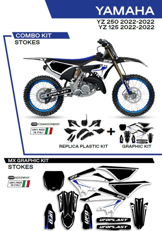 UFO KOMPLET PLASTIKÓW YAKIT324001 PLUS KOMPLET NAKLEJEK (OKLEIN) YAMAHA YZ 125/250 '22 W ZESTAWIE PRZEDNIA TABLICA (YA04860) ORAZ OSŁONY AMORTYZATORÓW (YA04814) STOKES KOLOR CZARNY - WYPRZEDAŻ (1)