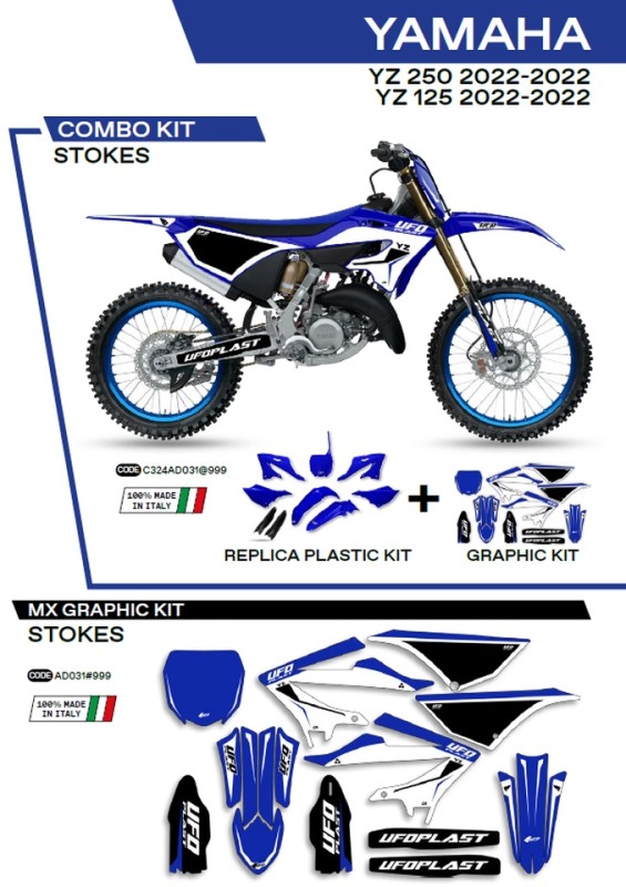 UFO KOMPLET PLASTIKÓW YAKIT324999 PLUS KOMPLET NAKLEJEK (OKLEIN) YAMAHA YZ 125/250 '22 W ZESTAWIE PRZEDNIA TABLICA (YA04860) ORAZ OSŁONY AMORTYZATORÓW (YA04814) STOKES KOLOR OEM (NIEBIESKI/CZARNY/BIAŁY) - WYPRZEDAŻ