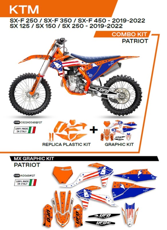 UFO KOMPLET PLASTIKÓW KTKIT522127 PLUS KOMPLET NAKLEJEK (OKLEIN) KTM SX/SXF 125/150/250/350/450 '19-'22 W ZESTAWIE PRZEDNIA TABLICA (KT04094) ORAZ OSŁONY AMORTYZATORÓW (KT04055) PATRIOT KOLOR POMARAŃCZOWY - WYPRZEDAŻ