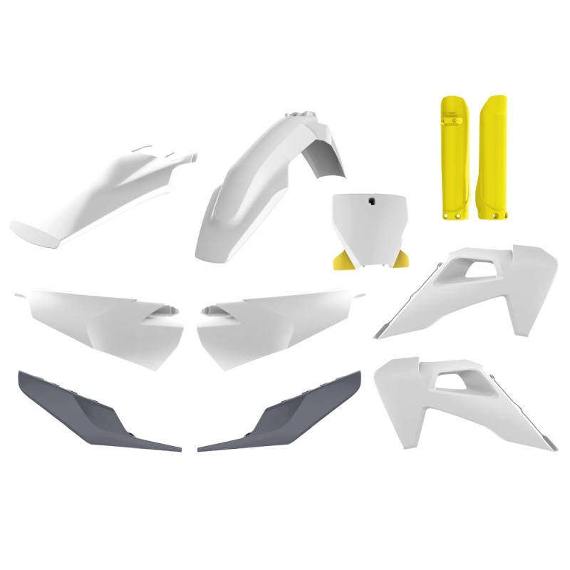 POLISPORT KOMPLET PLASTIKÓW (FULL KIT) HUSQVARNA TC/FC TPI '19-'22 W ZESTAWIE TABLICA PRZEDNIA (8666500006) I OSŁONY AMORTYZATORÓW (8398900004) KOLOR BIAŁO SZARO ŻÓŁTY