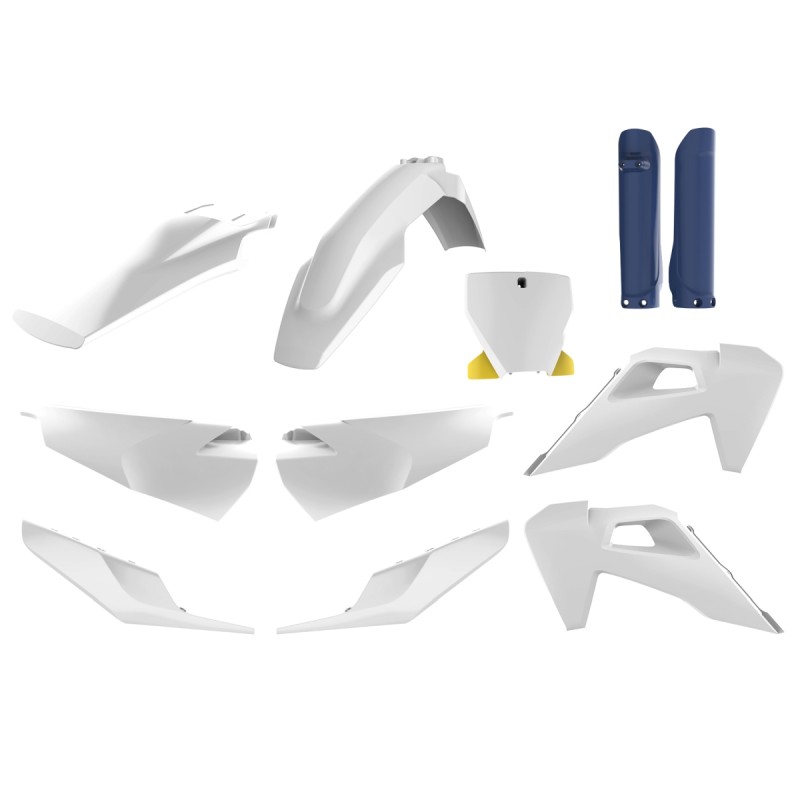 POLISPORT KOMPLET PLASTIKÓW HUSQVARNA TC/FC TPI '19-'22 W ZESTAWIE TABLICA PRZEDNIA (8666500006) I OSŁONY AMORTYZATORÓW (8398900003) KOLOR BIAŁY NIEBIESKI