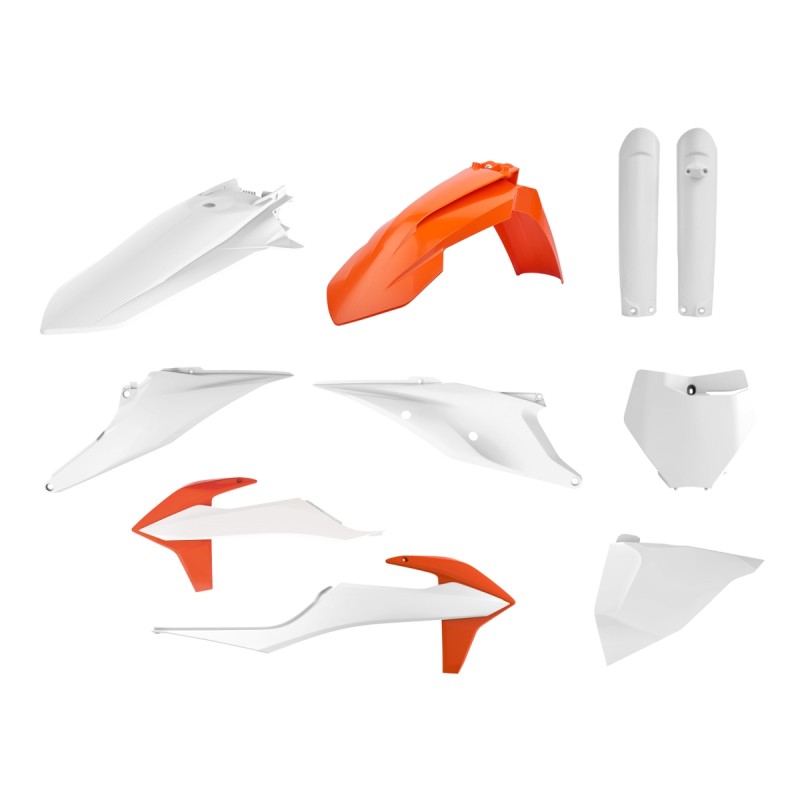 POLISPORT KOMPLET PLASTIKÓW (FULL KIT) KTM SX/SX-F '19-'22 W ZESTAWIE TABLICA PRZEDNIA (8666400008) I OSŁONY AMORTYZATORÓW (8398600012) KOLOR POMARAŃCZOWY BIAŁY OEM