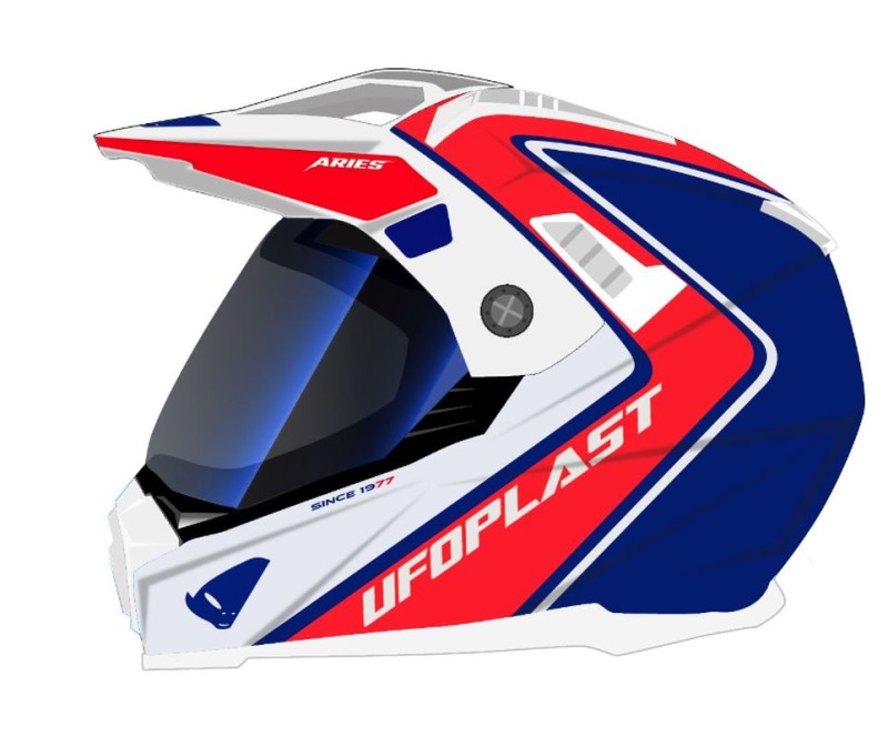 UFO KASK ARIES OFFROAD / DUAL / TOURER / CROSSOVER Z SZYBĄ, DASZKIEM I BLENDĄ PRZECIWSŁONECZNĄ KOLOR BIAŁY/CZERWONY/NIEBIESKI ROZMIAR XL ( ECE 22R06 ) - KOLEKCJA 2024