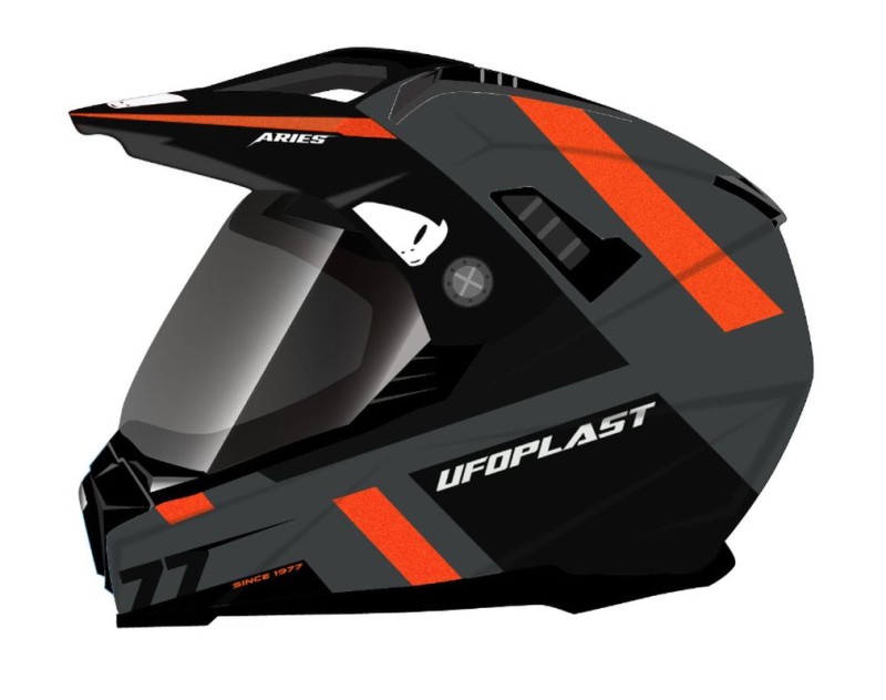 UFO KASK ARIES OFFROAD / DUAL / TOURER / CROSSOVER Z SZYBĄ, DASZKIEM I BLENDĄ PRZECIWSŁONECZNĄ KOLOR CZARNY/SZARY/CZERWONY FLUO ROZMIAR S ( ECE 22R06 ) - KOLEKCJA 2024 (1)