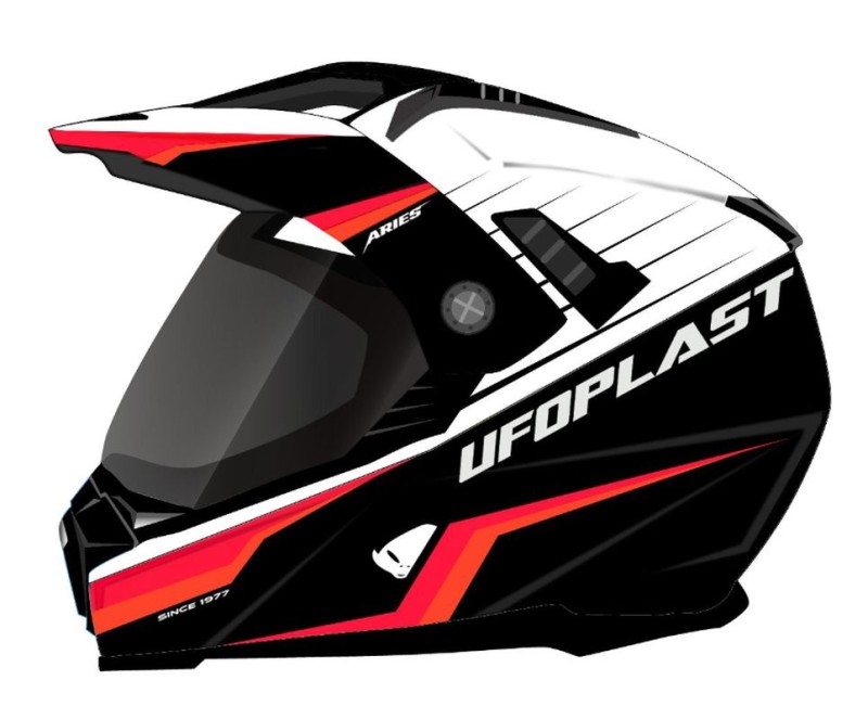 UFO KASK ARIES OFFROAD / DUAL / TOURER / CROSSOVER Z SZYBĄ, DASZKIEM I BLENDĄ PRZECIWSŁONECZNĄ KOLOR CZARNY/BIAŁY/CZERWONY FLUO ROZMIAR L ( ECE 22R06 ) - KOLEKCJA 2024