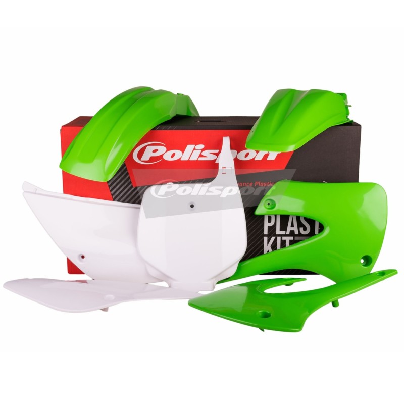 POLISPORT KOMPLET PLASTIKÓW KAWASAKI KX 85 '01-'13; KX 100 '01-'13 W ZESTAWIE TABLICA PRZEDNIA (8662900002) KOLOR ZIELONO BIAŁY OEM
