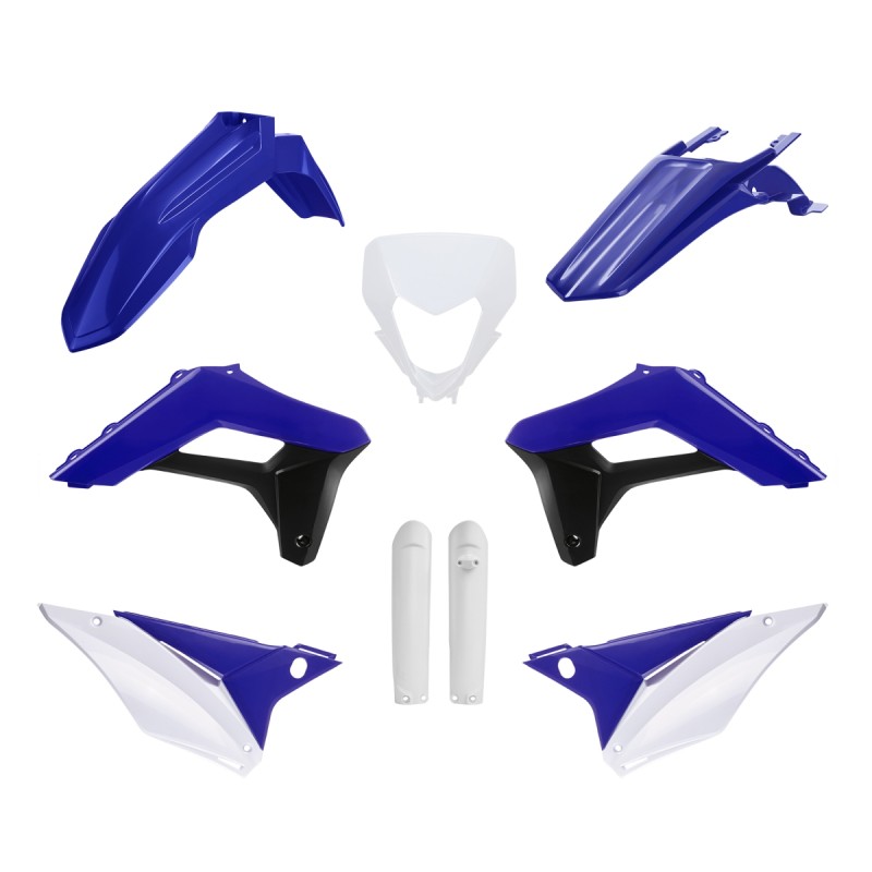 POLISPORT KOMPLET PLASTIKÓW (FULL KIT) SHERCO SE-R/SEF-R '24 W ZESTAWIE OSŁONA LAMPY (8681100002) I OSŁONY AMORTYZATORÓW (8398600002) KOLOR NIEBIESKI BIAŁY CZARNY OEM