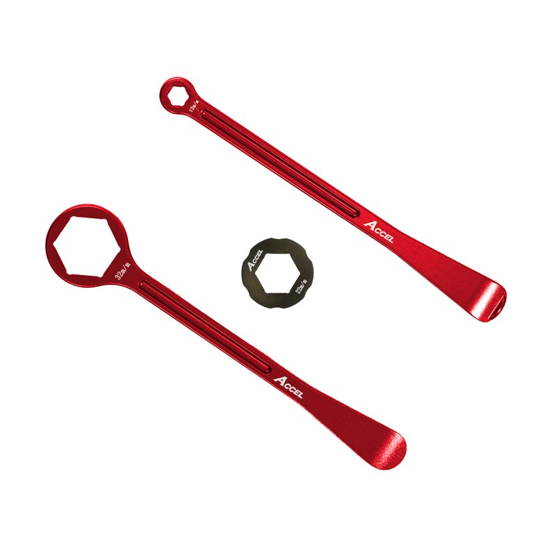 ACCEL KOMPLET ŁYŻEK DO OPON ALU KUTE Z KLUCZAMI OCZKOWYMI 32, 22, 12, 10 MM KOLOR CZERWONY (1)