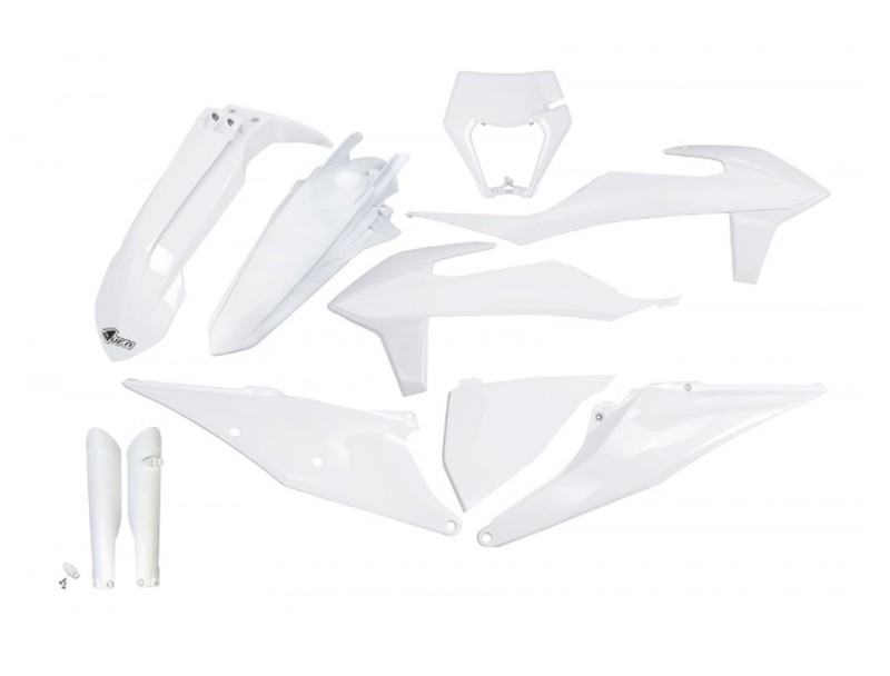 UFO KOMPLET PLASTIKÓW (FULL KIT) Z OSŁONAMI TELESKOPÓW (AMORTYZATORÓW) KTM EXC 125 '20-'21, EXC 250 / 300 TPI '20-'23, EXC-F 250 / 350 / 450 / 500 '20-'23 KOLOR BIAŁY
