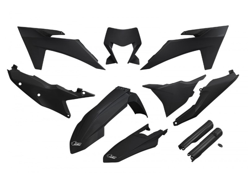 UFO KOMPLET PLASTIKÓW (FULL KIT) Z OSŁONAMI TELESKOPÓW (AMORTYZATORÓW) KTM EXC 150 / 250 / 300 TBI '24-'25, EXC-F 250 / 350 / 450 / 500 '24-'25 KOLOR CZARNY