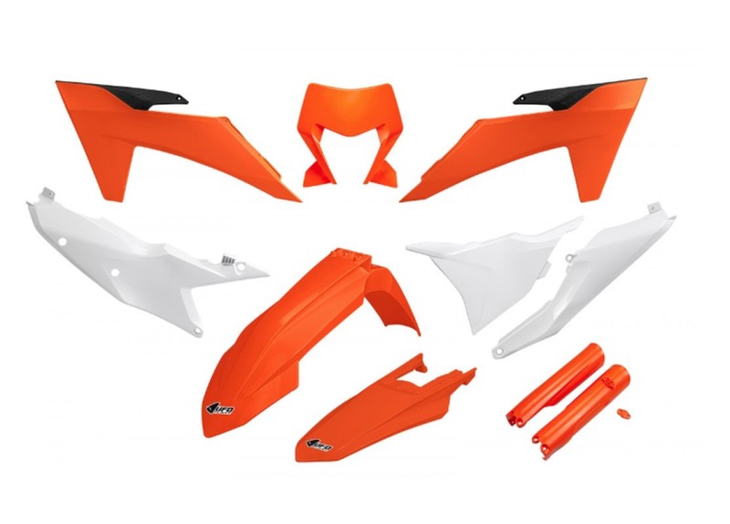 UFO KOMPLET PLASTIKÓW (FULL KIT) Z OSŁONAMI TELESKOPÓW (AMORTYZATORÓW) KTM EXC 150 / 250 / 300 TBI '24-'25, EXC-F 250 / 350 / 450 / 500 '24-'25 KOLOR OEM POMARAŃCZOWY BIAŁY
