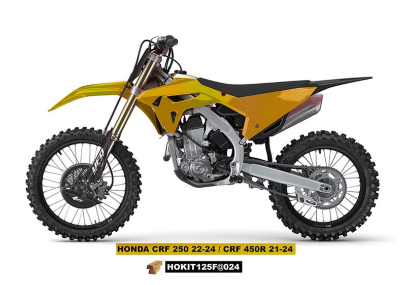 UFO KOMPLET PLASTIKÓW (FULL KIT) Z OSŁONAMI TELESKOPÓW (AMORTYZATORÓW) HONDA CRF 250 R '22-'24, CRF 450 R '21-'24 KOLOR ZŁOTY