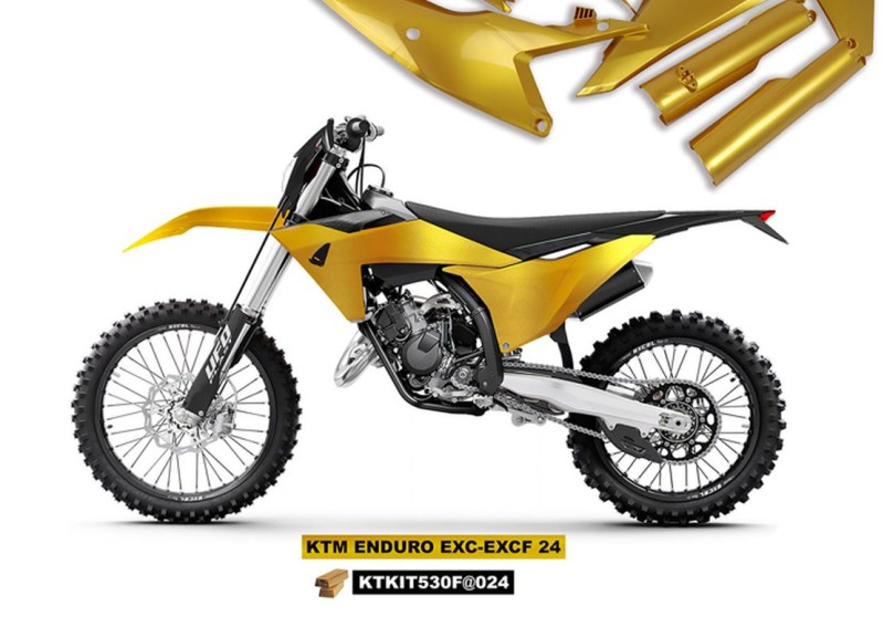 UFO KOMPLET PLASTIKÓW (FULL KIT) Z OSŁONAMI TELESKOPÓW (AMORTYZATORÓW) KTM EXC 150 / 250 / 300 TBI '24-'25, EXC-F 250 / 350 / 450 / 500 '24-'25 KOLOR ZŁOTY