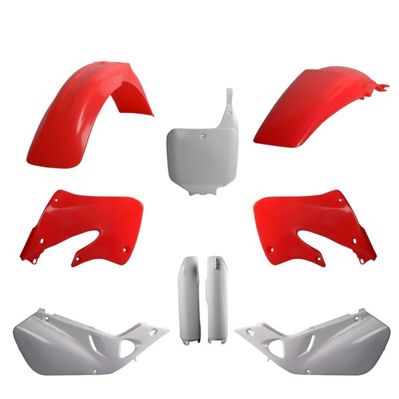POLISPORT KOMPLET PLASTIKÓW (FULL KIT) HONDA CR 125 '98-'99; CR 250 '97-'99 W ZESTAWIE TABLICA PRZEDNIA (8673000002) I OSŁONY AMORTYZARORÓW (8394000001) KOLOR OEM CZERWONO BIAŁY (FLUO-R)