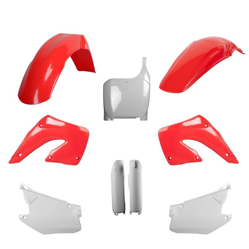 POLISPORT KOMPLET PLASTIKÓW (FULL KIT) HONDA CR 125 '00-'01; CR 250 '00-'01 W ZESTAWIE TABLICA PRZEDNIA (8657000001) I OSŁONY AMORTYZARORÓW (8394000001) KOLOR OEM CZERWONO BIAŁY