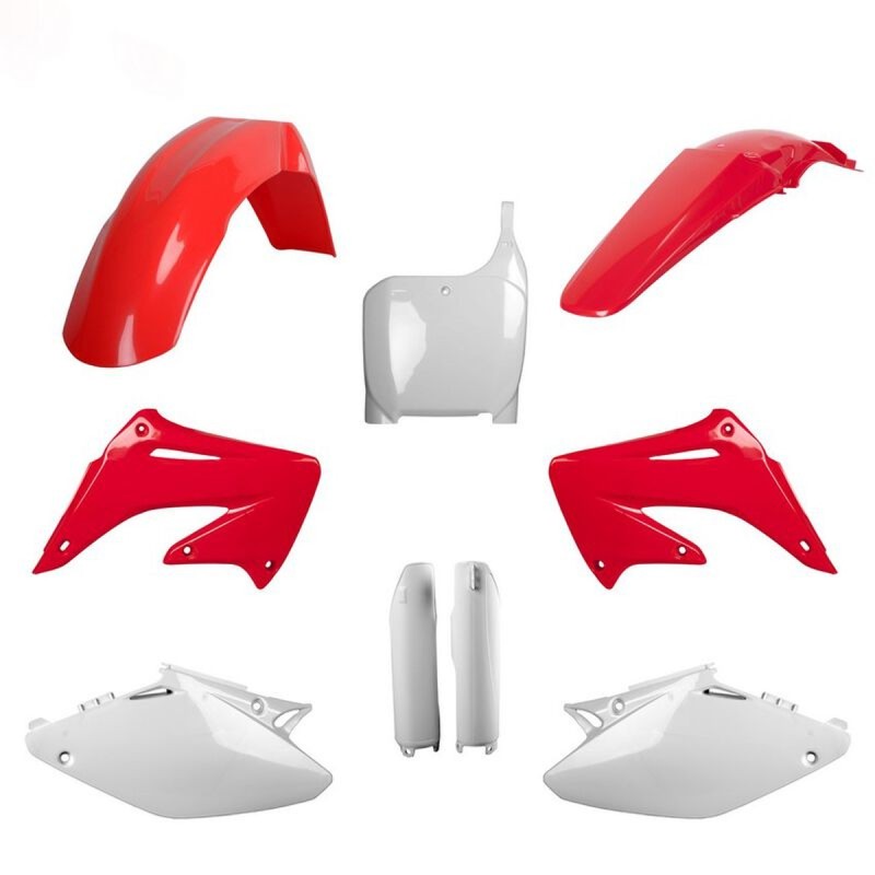 POLISPORT KOMPLET PLASTIKÓW (FULL KIT) HONDA CR 125 '02-'03; CR 250 '02-'03 W ZESTAWIE TABLICA PRZEDNIA (8657000001) I OSŁONY AMORTYZARORÓW (8394000001) KOLOR OEM CZERWONO BIAŁY