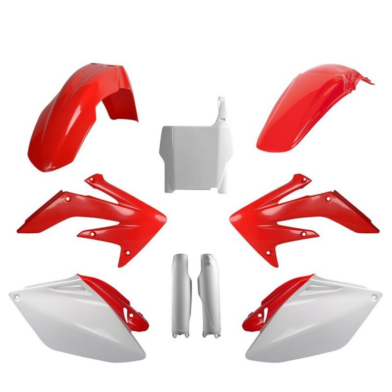 POLISPORT KOMPLET PLASTIKÓW (FULL KIT) HONDA CRF 250R '06-'07 W ZESTAWIE TABLICA PRZEDNIA (8661900001) I OSŁONY AMORTYZARORÓW (8351700001) KOLOR CZERWONO BIAŁY OEM