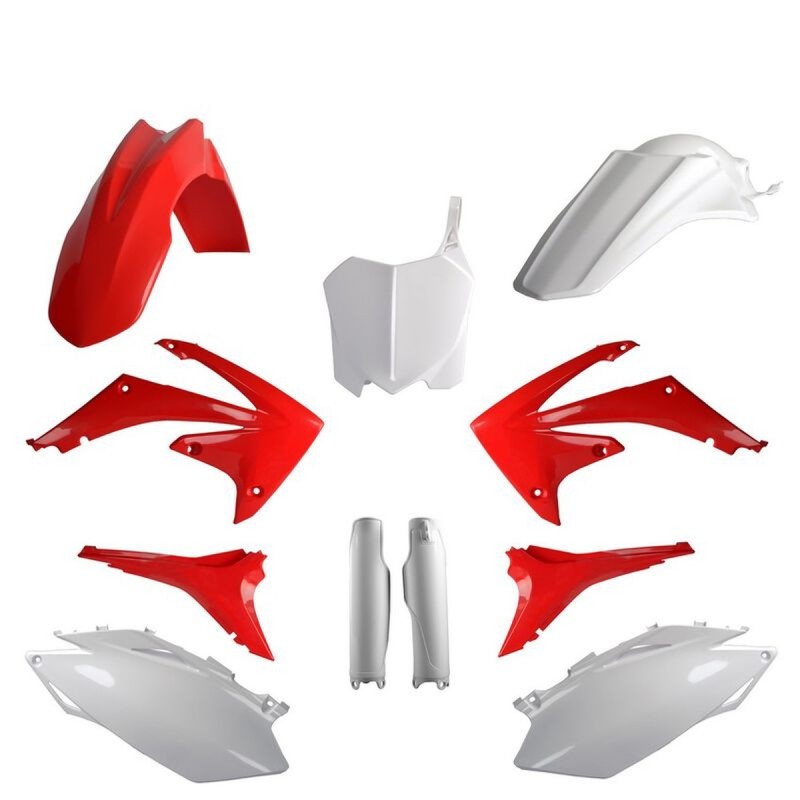 POLISPORT KOMPLET PLASTIKÓW (FULL KIT) HONDA CRF 250R '10; CRF 450R '09-'10 W ZESTAWIE TABLICA PRZEDNIA (8656700001) I OSŁONY AMORTYZARORÓW (8351700001) KOLOR CZERWONO BIAŁY OEM