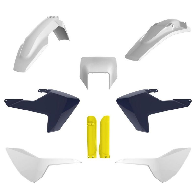 POLISPORT KOMPLET PLASTIKÓW (FULL KIT) HUSQVARNA TE/FE TPI '17-'19 W ZESTAWIE TABLICA PRZEDNIA (8666900001) I OSŁONY AMORTYZARORÓW (8398900004) KOLOR BIAŁO NIEBIESKI OEM