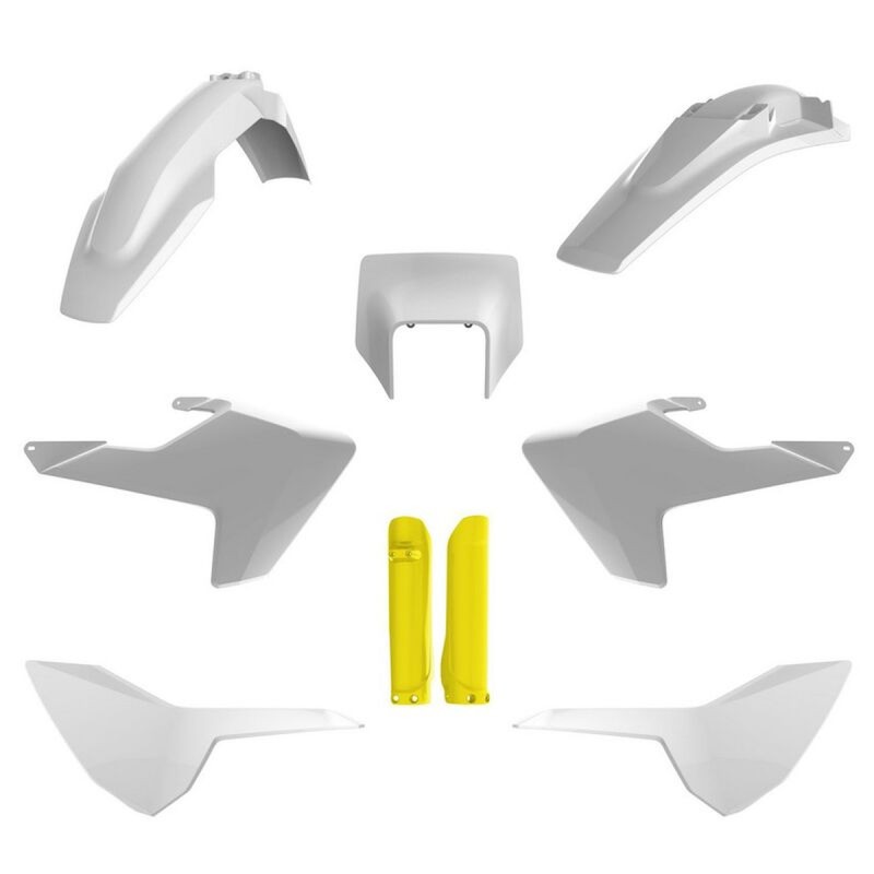 POLISPORT KOMPLET PLASTIKÓW (FULL KIT) HUSQVARNA TE/FE TPI '17-'19 W ZESTAWIE TABLICA PRZEDNIA (8666900002) I OSŁONY AMORTYZARORÓW (8398900004) KOLOR BIAŁO ŻÓŁTY OEM