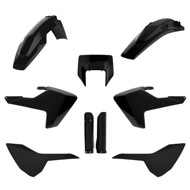 POLISPORT KOMPLET PLASTIKÓW (FULL KIT) HUSQVARNA TE/FE TPI '17-'19 W ZESTAWIE TABLICA PRZEDNIA (8666900002) I OSŁONY AMORTYZARORÓW (8398900002) KOLOR CZARNY