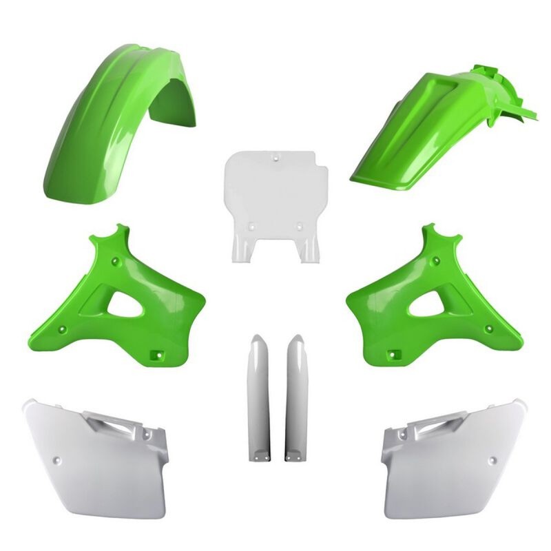 POLISPORT KOMPLET PLASTIKÓW (FULL KIT) KAWASAKI KX 125/250 '94-'95 W ZESTAWIE TABLICA PRZEDNIA (8672800002) I OSŁONY AMORTYZATORÓW (8395000001) KOLOR ZIELONY OEM
