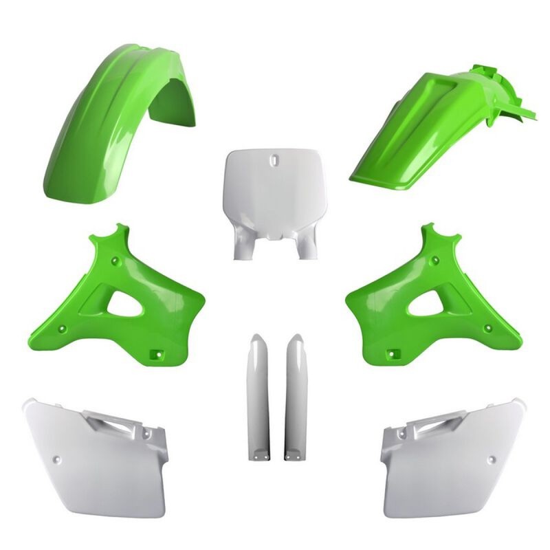 POLISPORT KOMPLET PLASTIKÓW (FULL KIT) KAWASAKI KX 125/250 '96-'98 W ZESTAWIE TABLICA PRZEDNIA (8677000001) I OSŁONY AMORTYZARORÓW (8395000001) KOLOR ZIELONY OEM