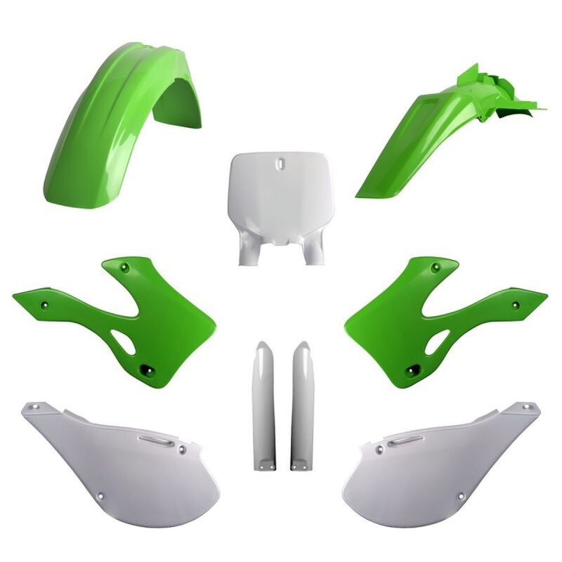 POLISPORT KOMPLET PLASTIKÓW (FULL KIT) KAWASAKI KX 125/250 '99-'02 W ZESTAWIE TABLICA PRZEDNIA (8677000001) I OSŁONY AMORTYZARORÓW (8395000001) KOLOR ZIELONY OEM
