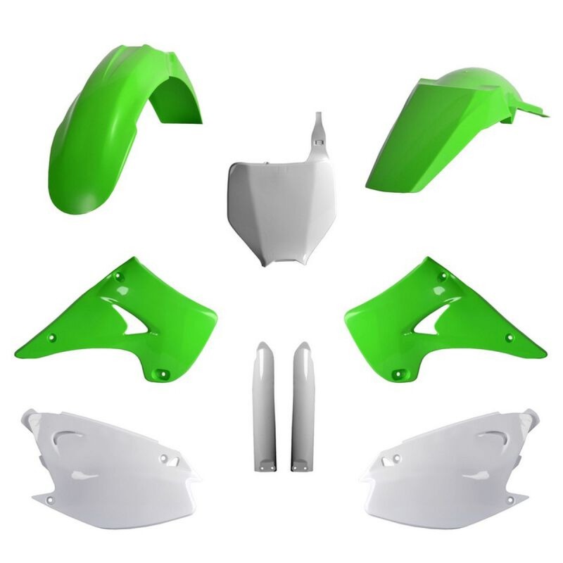 POLISPORT KOMPLET PLASTIKÓW (FULL KIT) KAWASAKI KX 125/250 '03 W ZESTAWIE TABLICA PRZEDNIA (8660800002) I OSŁONY AMORTYZARORÓW (8395000001) KOLOR ZIELONY OEM