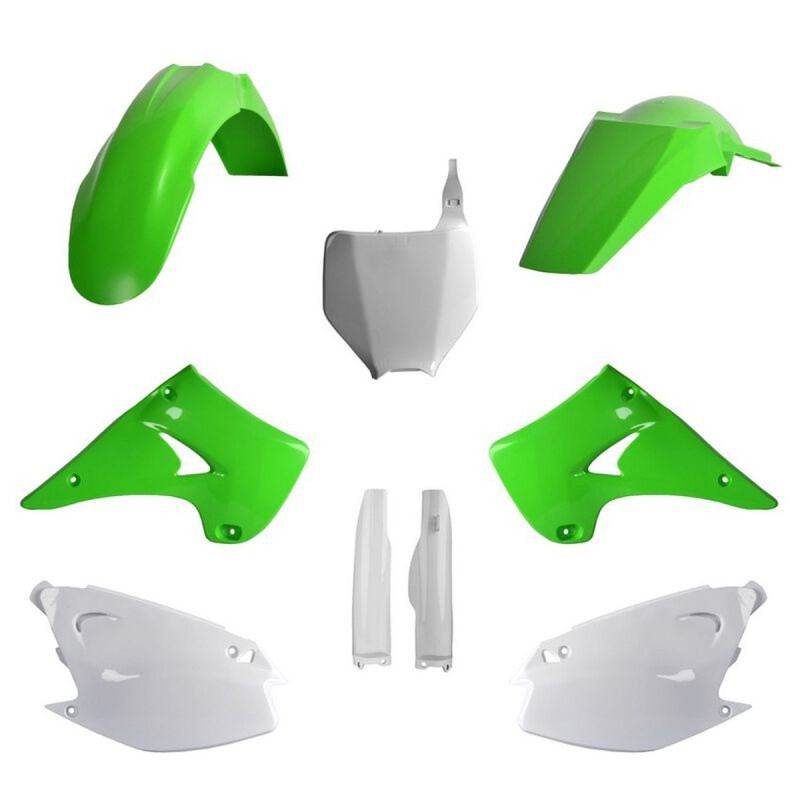 POLISPORT KOMPLET PLASTIKÓW (FULL KIT) KAWASAKI KX 125/250 '04-'08 W ZESTAWIE TABLICA PRZEDNIA (8660800002) I OSŁONY AMORTYZARORÓW (8398000001) KOLOR ZIELONY OEM