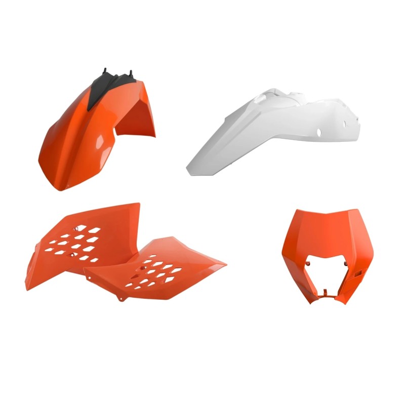 POLISPORT KOMPLET PLASTIKÓW (FULL KIT) KTM EXC/EXC-F '08-'11 W ZESTAWIE TABLICA PRZEDNIA (8666700001) I OSŁONY AMORTYZATORÓW (8398500002) KOLOR POMARAŃCZOWY BIAŁY OEM