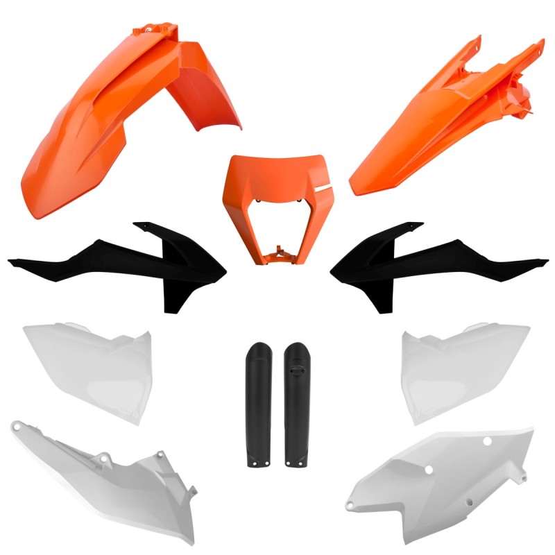 POLISPORT KOMPLET PLASTIKÓW (FULL KIT) KTM EXC/EXC-F TPI '17-'19 W ZESTAWIE OSŁONA LAMPY (8666800006) I OSŁONY AMORTYZATORÓW (8398600003) KOLOR POMARAŃCZOWY BIAŁY CZARNY