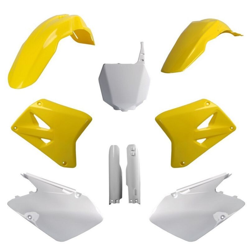 POLISPORT KOMPLET PLASTIKÓW (FULL KIT) SUZUKI RM 125/250 '01-'06 W ZESTAWIE TABLICA PRZEDNIA (8660400001) I OSŁONY AMORTYZARORÓW (8351100001) KOLOR ŻÓŁTY BIAŁY