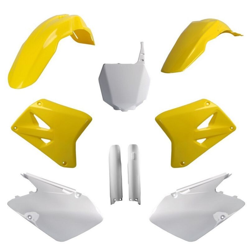 POLISPORT KOMPLET PLASTIKÓW (FULL KIT) SUZUKI RM 125/250 '07-'08 W ZESTAWIE TABLICA PRZEDNIA (8660400001) I OSŁONY AMORTYZARORÓW (8398300001) KOLOR ŻÓŁTY BIAŁY