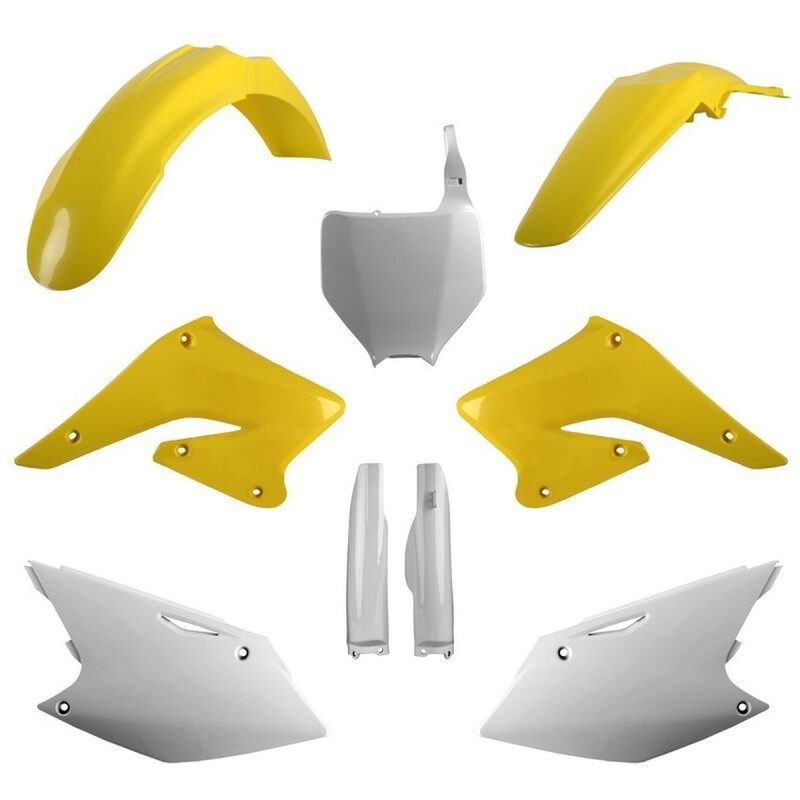 POLISPORT KOMPLET PLASTIKÓW (FULL KIT) SUZUKI RMZ 250 '04-'06 W ZESTAWIE TABLICA PRZEDNIA (8660800002) I OSŁONY AMORTYZARORÓW (8398000001) KOLOR ŻÓŁTY BIAŁY