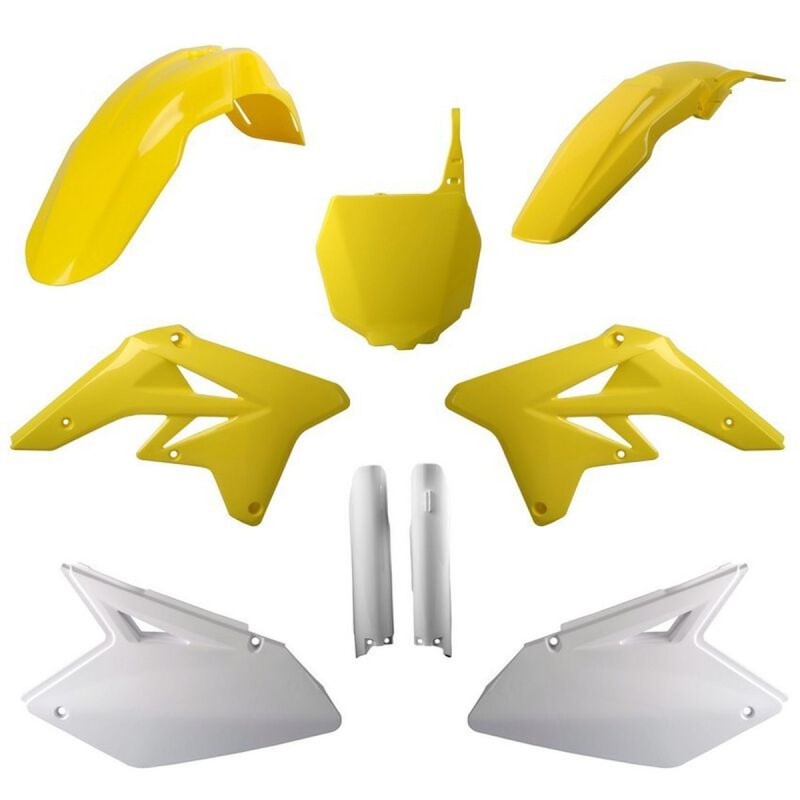 POLISPORT KOMPLET PLASTIKÓW (FULL KIT) SUZUKI RMZ 250 '07-'09 W ZESTAWIE TABLICA PRZEDNIA (8660400002) I OSŁONY AMORTYZARORÓW (8398300001) KOLOR ŻÓŁTY BIAŁY